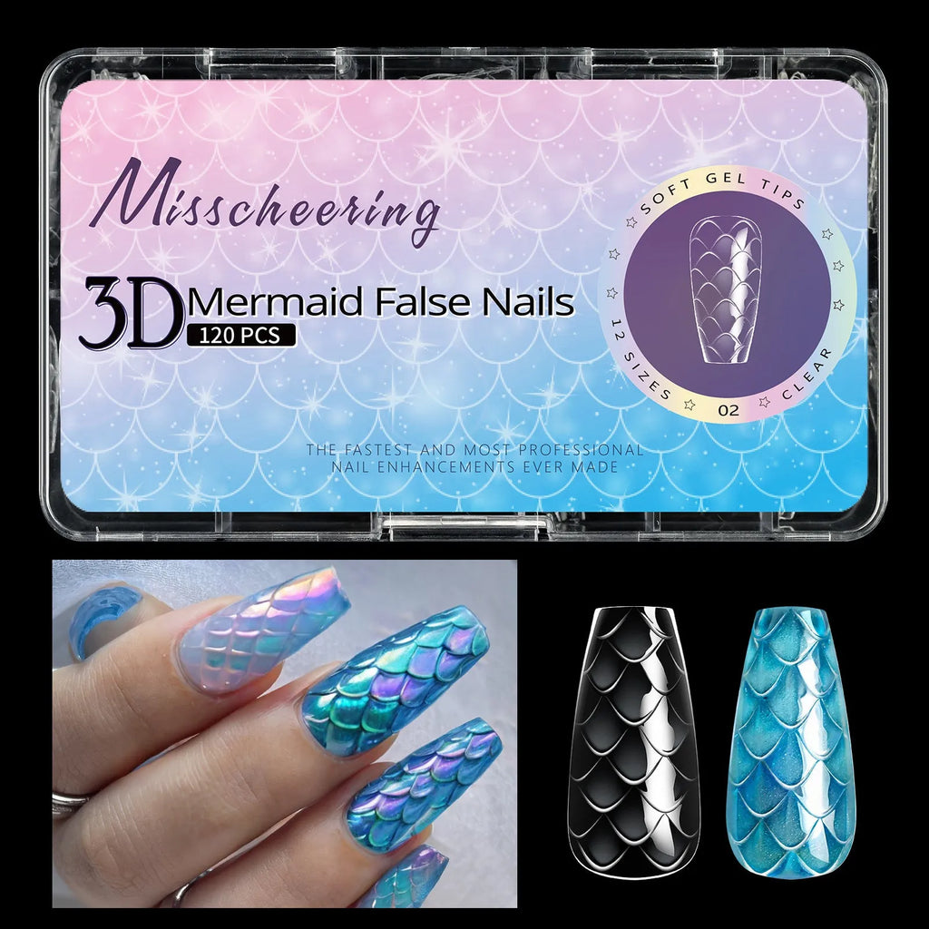 Pack of 3D scale texture long artificial nail tips with deep C-Cut, shown in Frigate Box colour options.