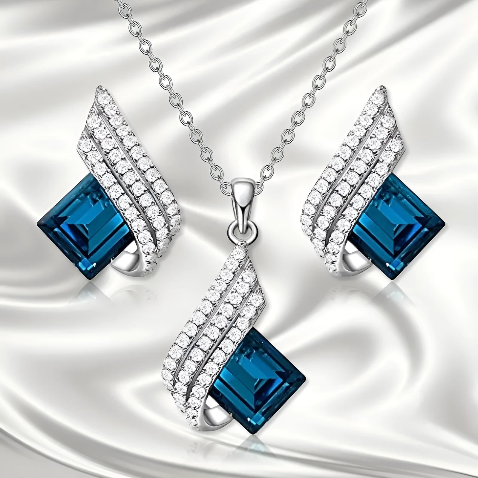 Glass pendant necklace with alloy cross chain and matching electroplated ear studs jewellery set