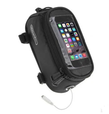 ROSWHEEL black bicycle frame phone bag mounted on bike with iPhone inside showing waterproof PVC construction