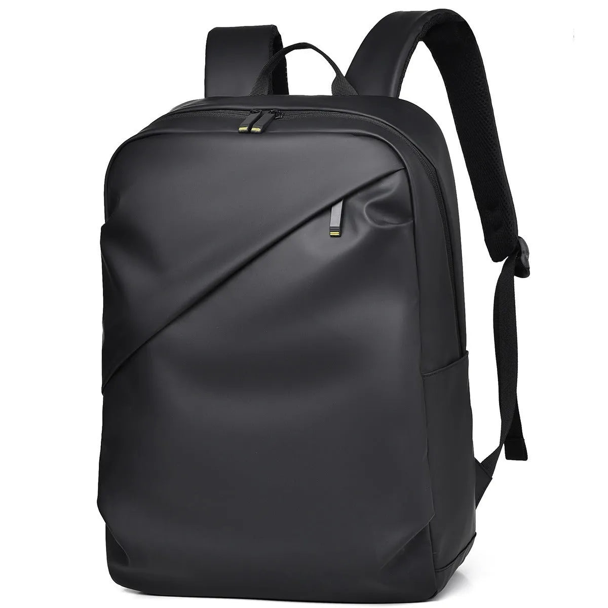Large black waterproof PU leather computer backpack with simple design and sewing thread detailing