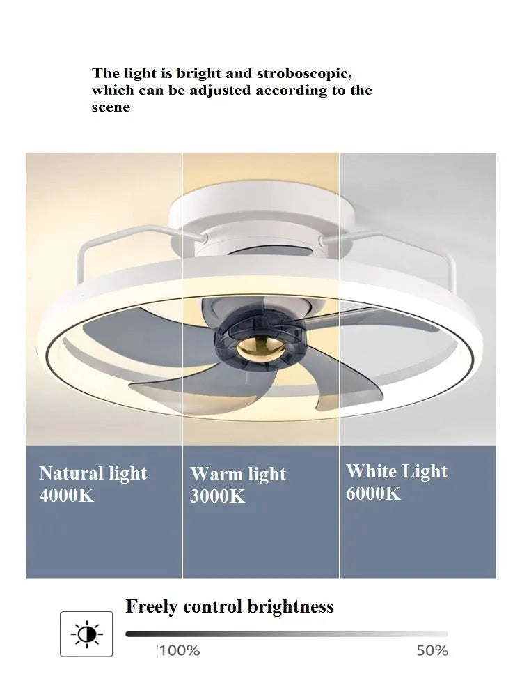 Modern ceiling fan with integrated light showing 500mm diameter design with PC blades and acrylic shade