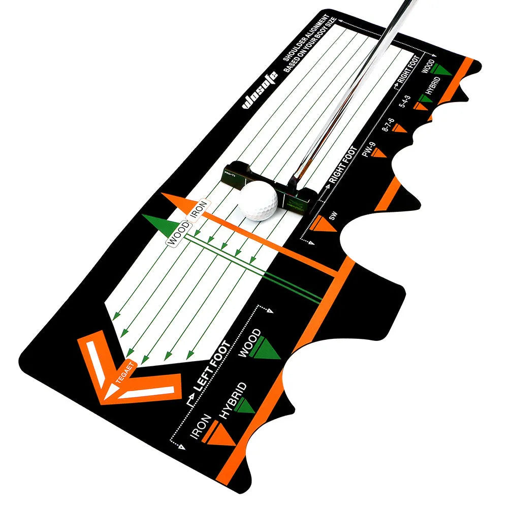 Black neoprene golf swing stance alignment pad on grass
