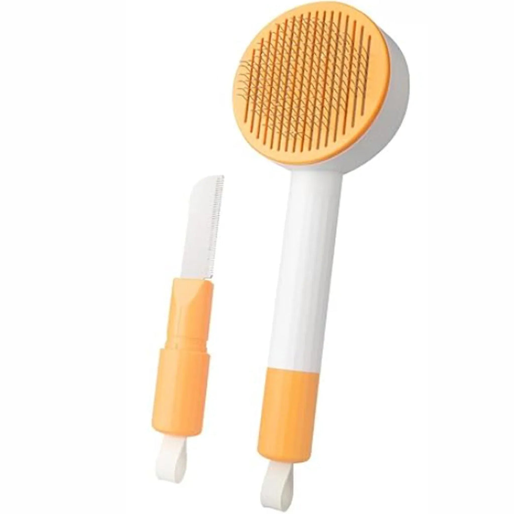 Green and yellow 2-in-1 pet grooming and deshedding brush with curved stainless steel teeth on a white background.