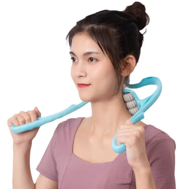 Blue plastic six-wheel manual massager for neck, shoulder, and waist