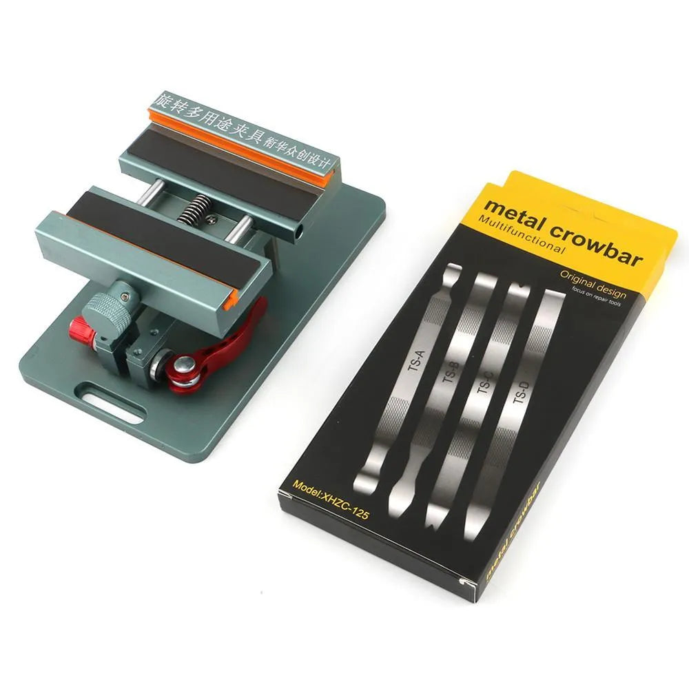 Mobile phone repair fixture with adjustable arms and silicone grips, shown with a demolition crowbar.