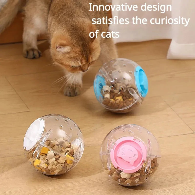 Blue, pink and white slow feeding ball for cats and dogs with 11.5cm diameter