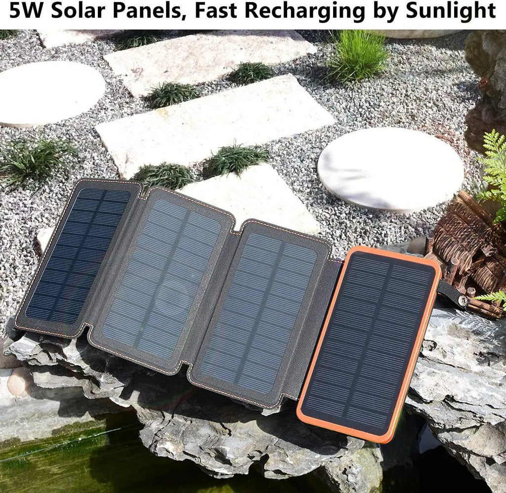Outdoor solar phone charger with leather casing showing solar panel and LED light