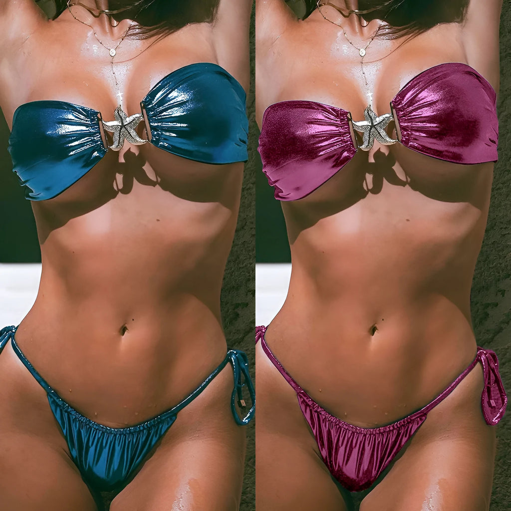 Women's glossy tube top split bikini with gold starfish pattern in sapphire blue colour