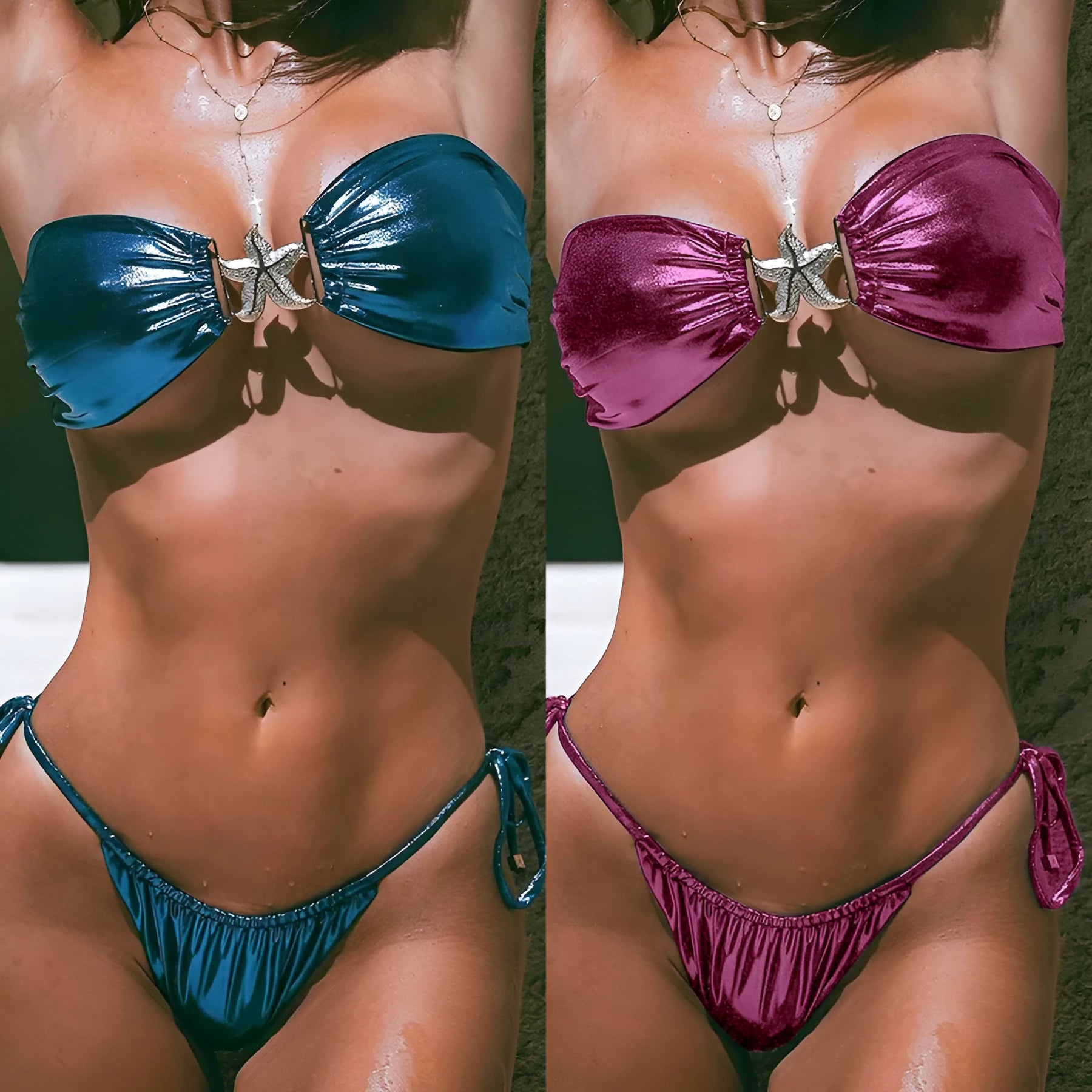 Women's glossy tube top split bikini with gold starfish pattern in sapphire blue colour