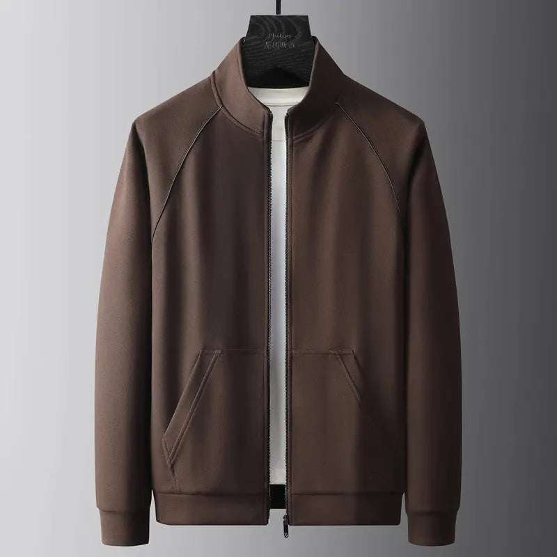 Men's stand collar slim fit casual sports suit in Vinylon fabric, shown in coffee colour