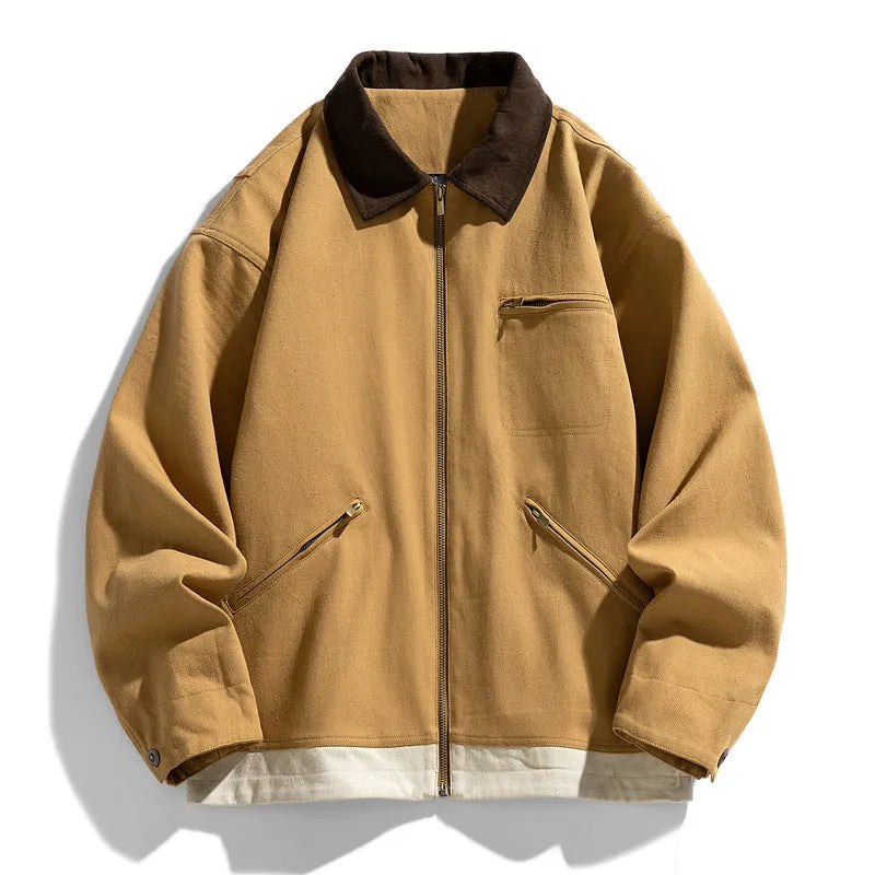 Retro American workwear jacket with contrast colour lapels in loose fit design