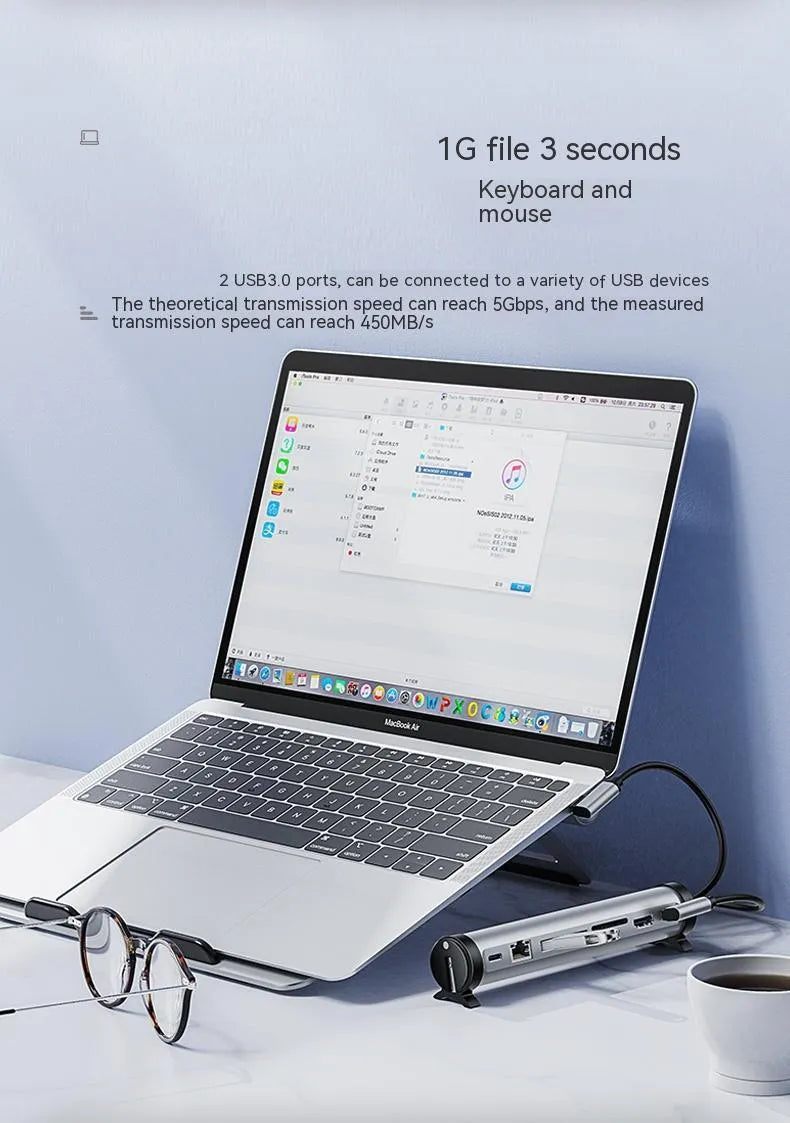 Aluminium alloy notebook docking station bracket with 5-in-1 USB 3.0 ports and 0.4m cable