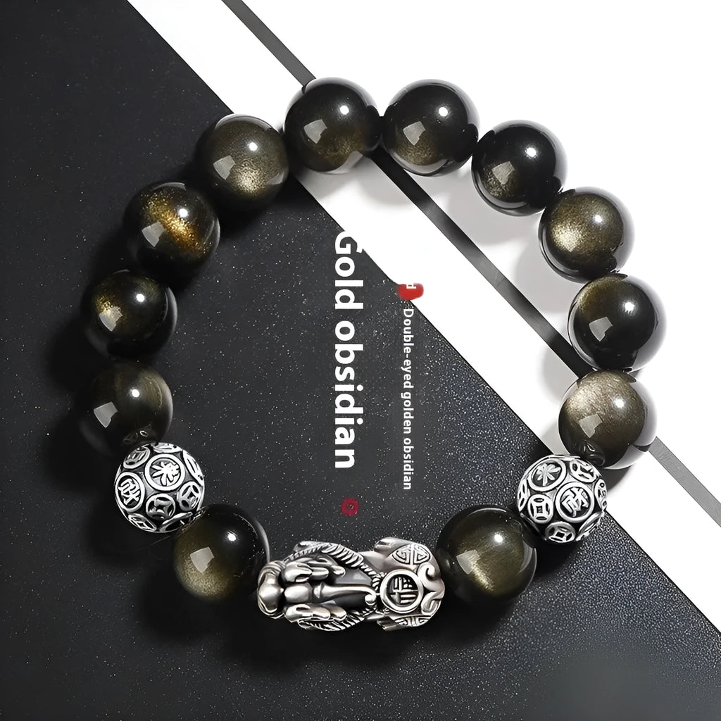 Men's geometric obsidian bracelet with 999 sterling silver leather accents in silver brave troops design