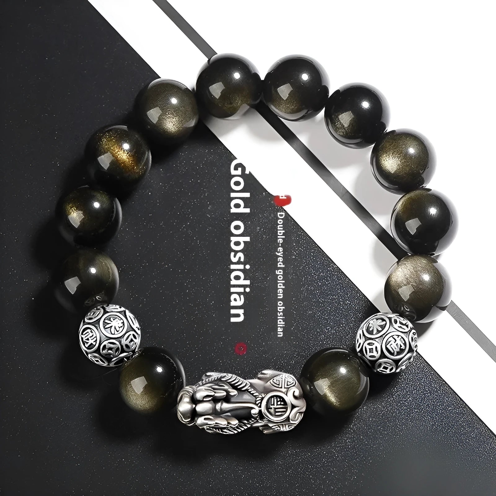 Men's geometric obsidian bracelet with 999 sterling silver leather accents in silver brave troops design