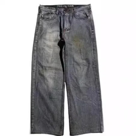 Men's grey washed-out straight-leg jeans with wide-leg workwear design