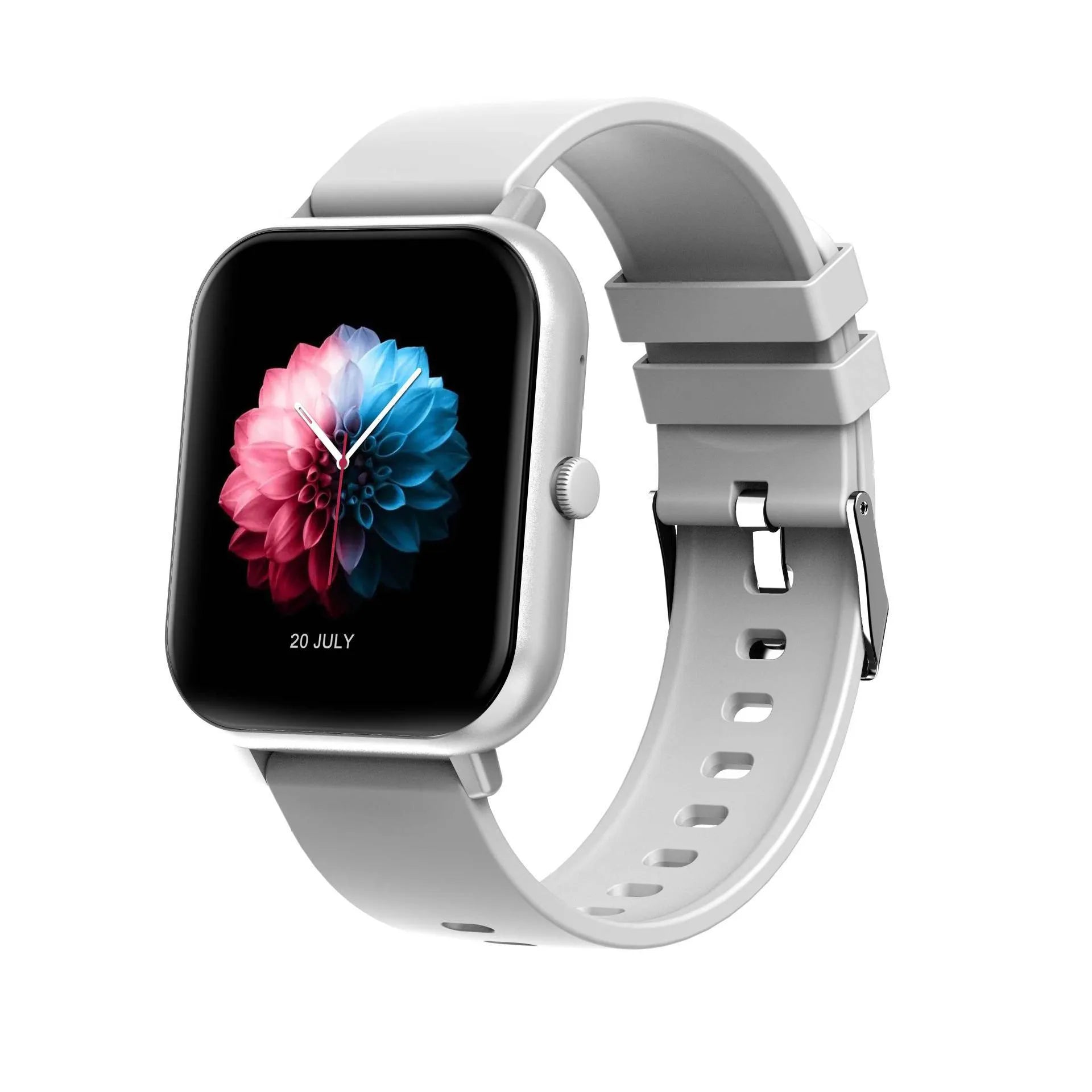 Bluetooth smart watch in black on wrist, showing heart rate and step count on its colour touchscreen.