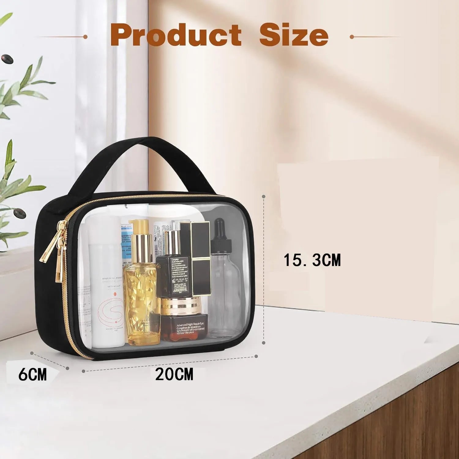Transparent PVC wash bag with chain hanging, showing lipstick storage through clear material in multiple colour options