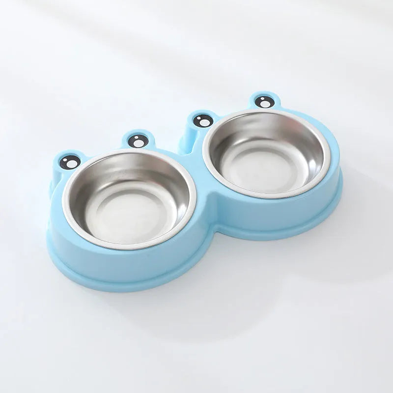 Stainless steel pet double bowl with frog design for cat and dog food and water.