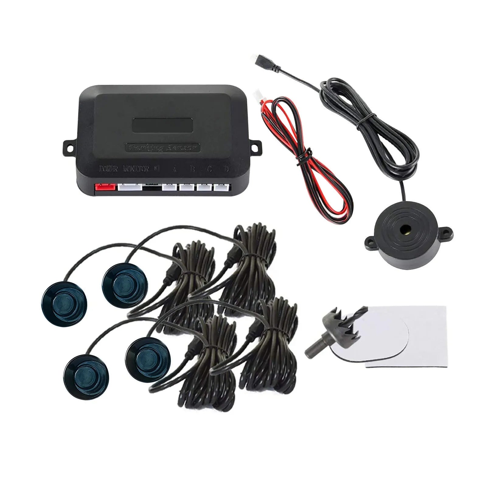 Four ultrasonic parking sensors and buzzer unit for car reversing radar kit with hole saw.