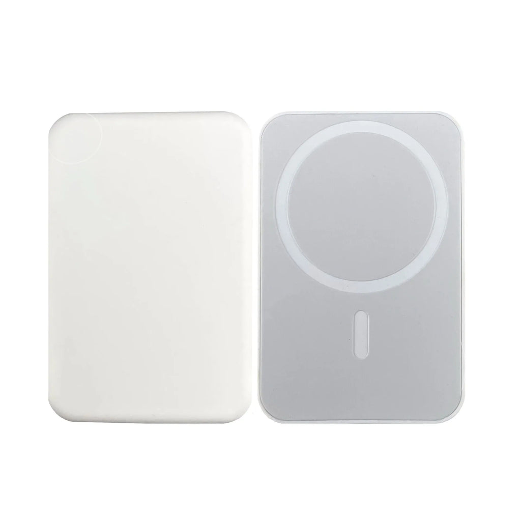 Portable wireless power bank with magnetic charging in pink, purple and white colours showing 5000mAh capacity