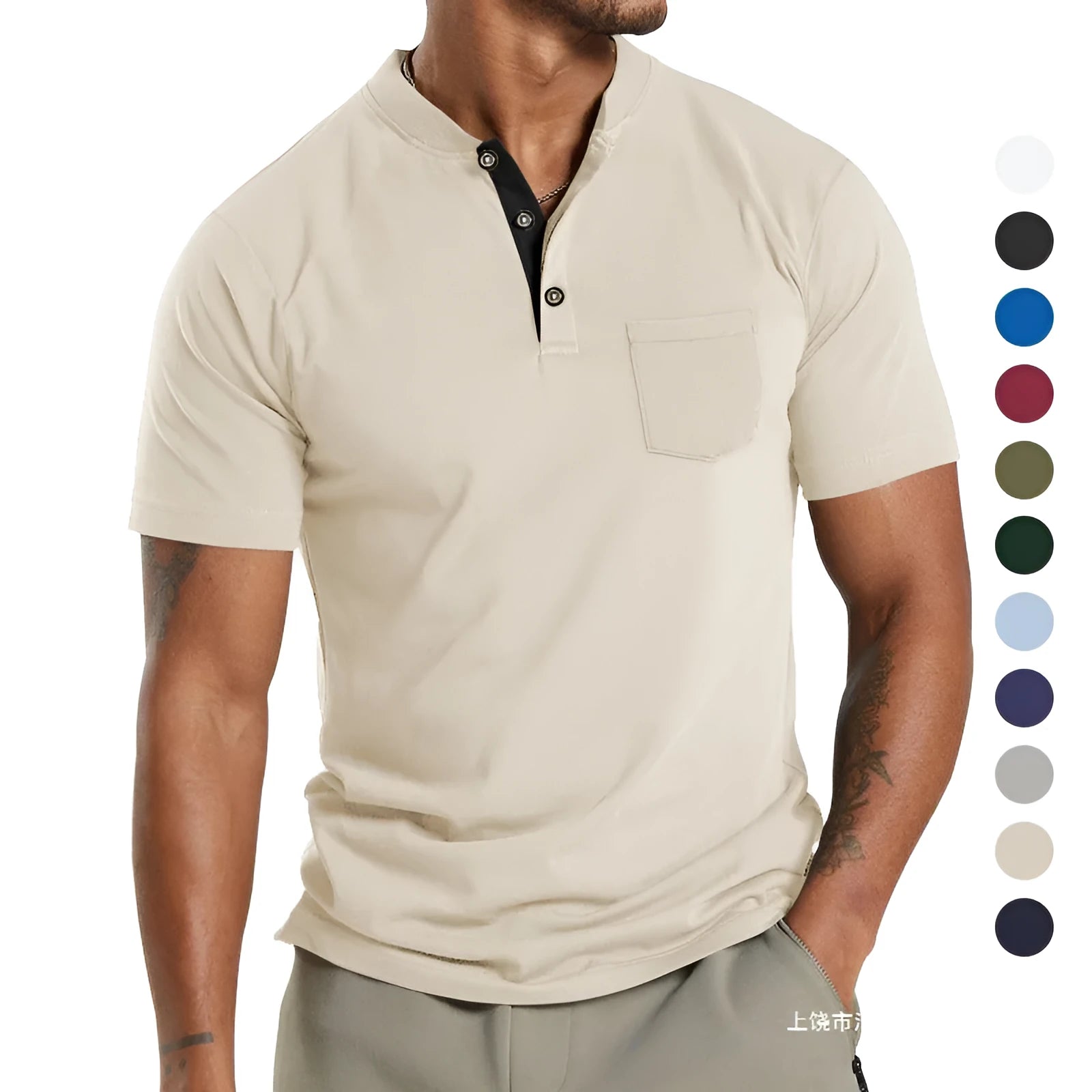 Plus size men's solid colour short sleeve casual shirt with a buttoned chest pocket.