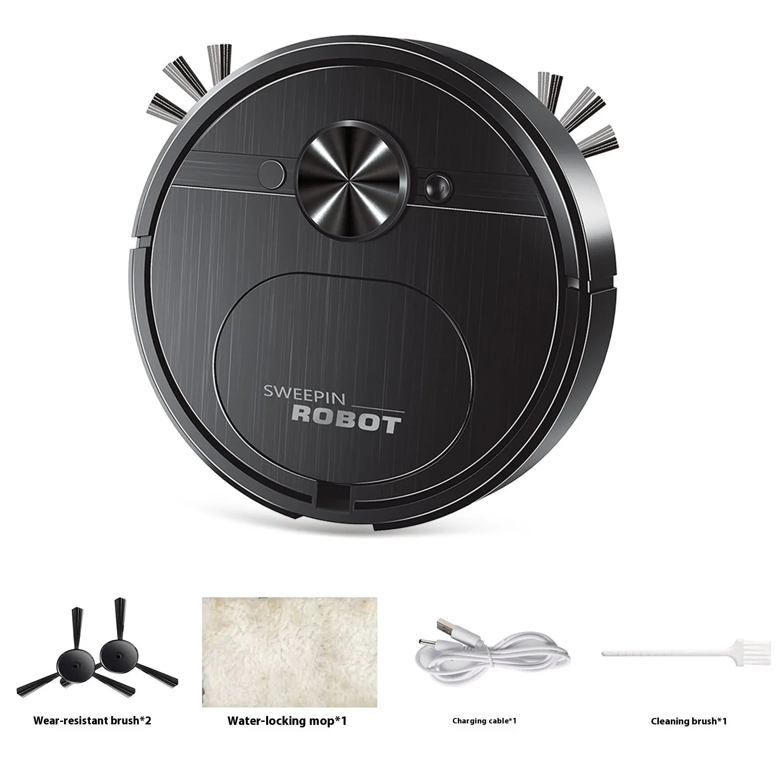 Three-in-one automatic robot floor cleaner with USB charging cable and cleaning accessories on hardwood floor.
