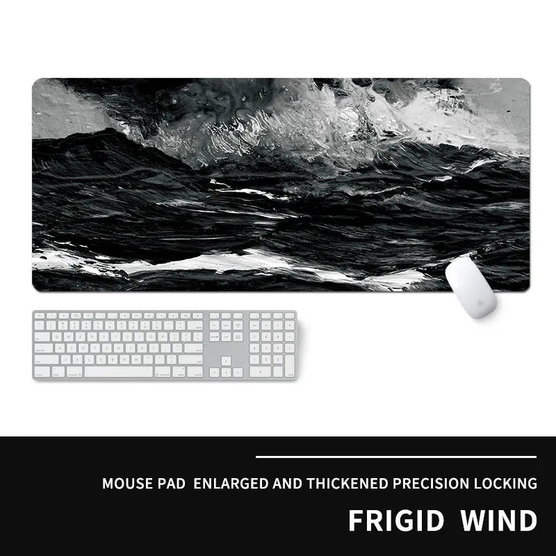 Oversized computer desk mat with cold style graphic design and integrated wrist rest