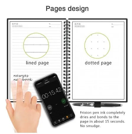 Rewritable paper notebook with black PP cover, spiral binding, and erasable pen on a desk
