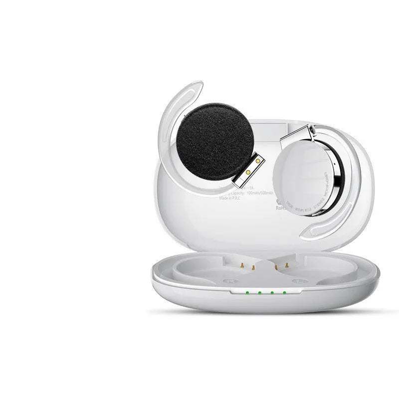Black and white wireless sports Bluetooth earphones with ear plugs, shown with NFC and Bluetooth symbols.