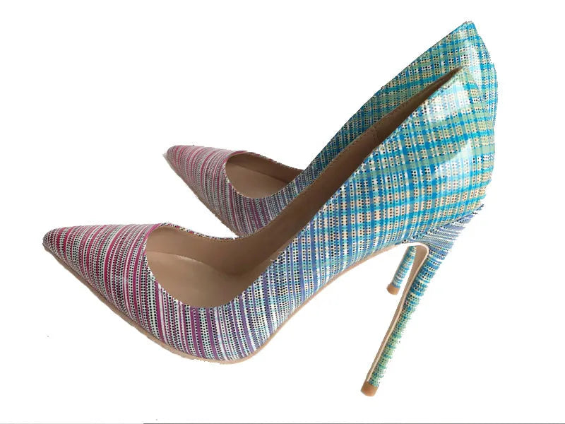 Women's pink and blue gradient patent leather pointed toe stiletto heels on a white background.