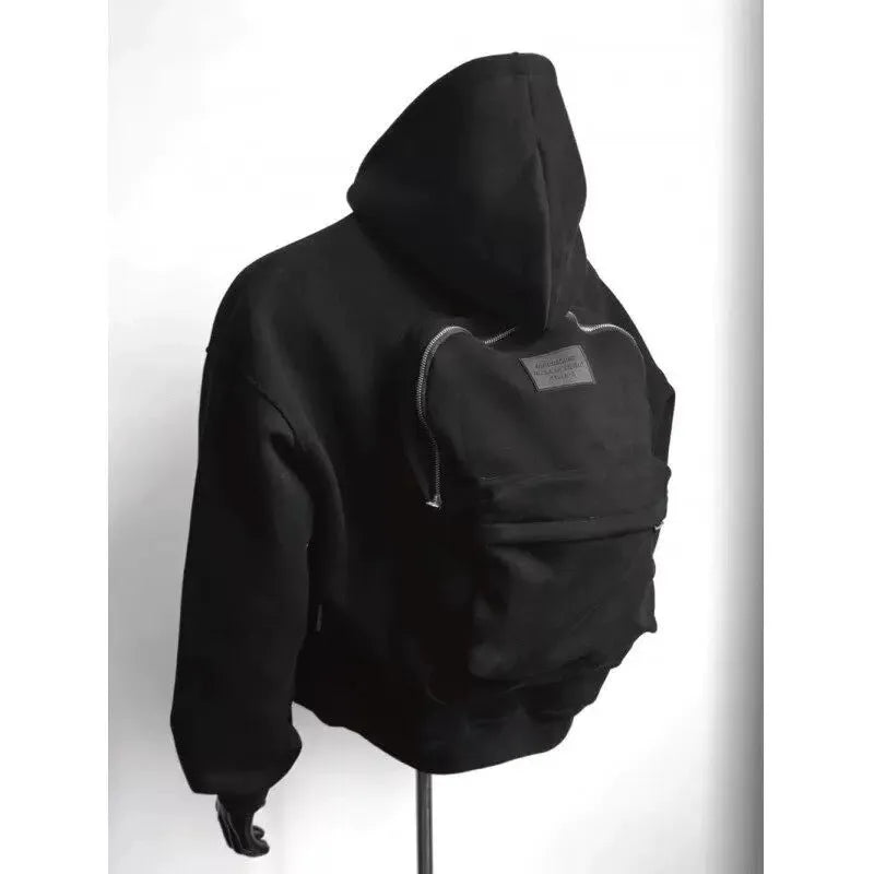 Light grey men's hoodie with backpack-style design on back, featuring a hood.