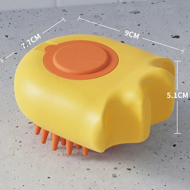 Pet bath brush with shampoo compartment in blue, orange, or yellow measuring 9x8x5.3cm
