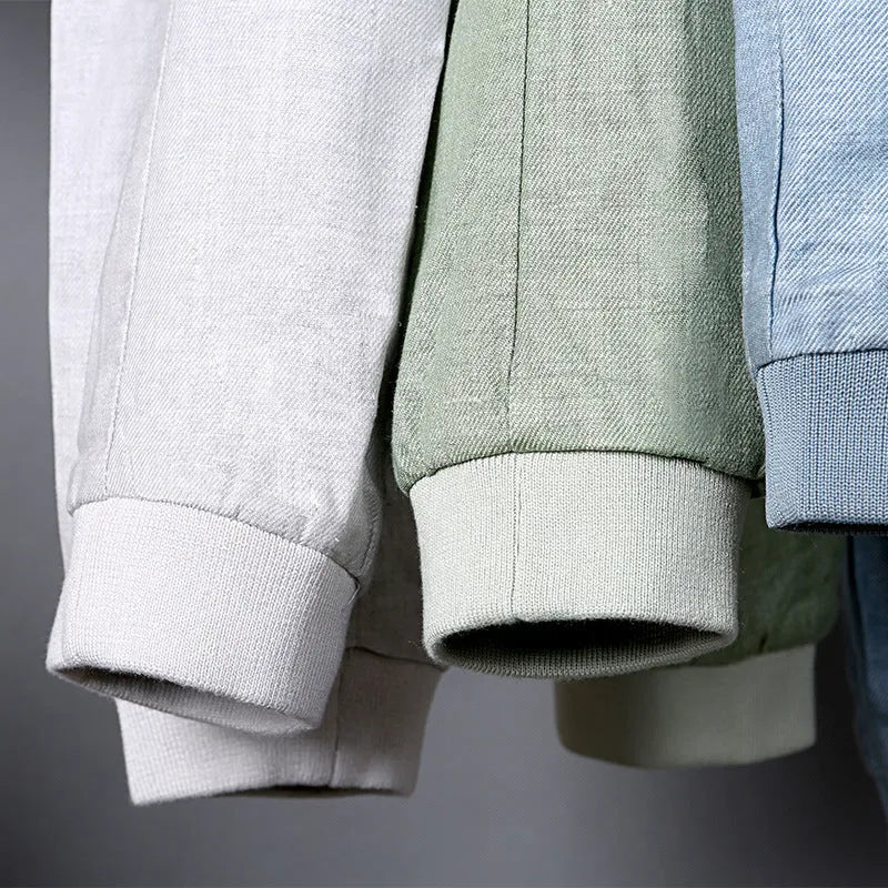Men's thin regular-fit cotton jacket in heather grey, shown on a hanger.
