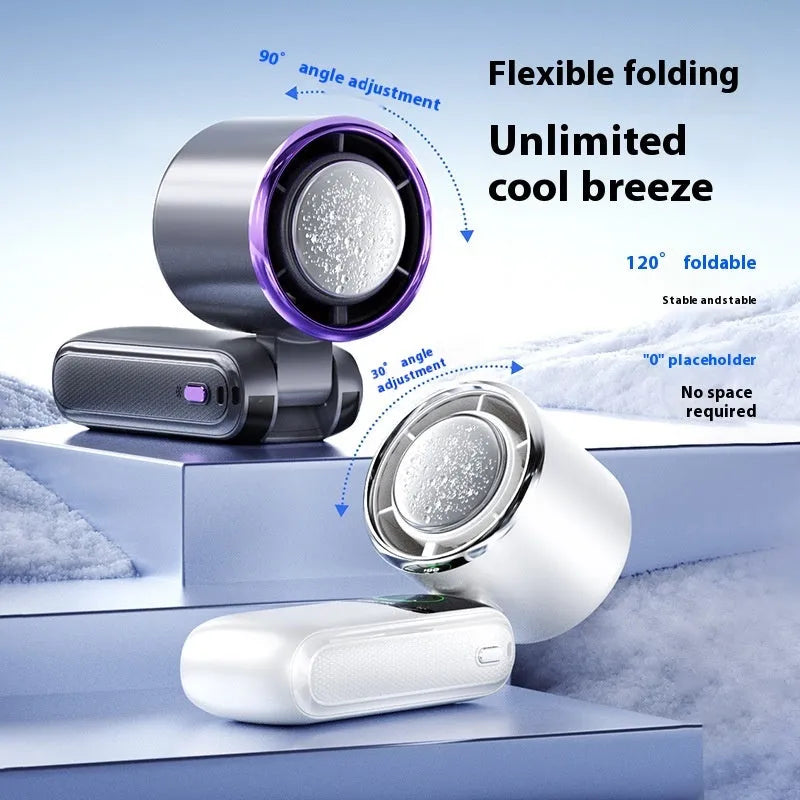 USB handheld electric fan in folded position showing adjustable speed controls and hanging loop