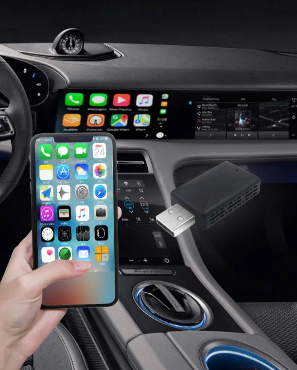 Black 2-in-1 wireless car adapter with USB port and aluminium alloy construction