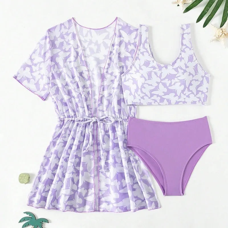 Girls' three piece print swimsuit set with coat, vest, and briefs in colour 3218