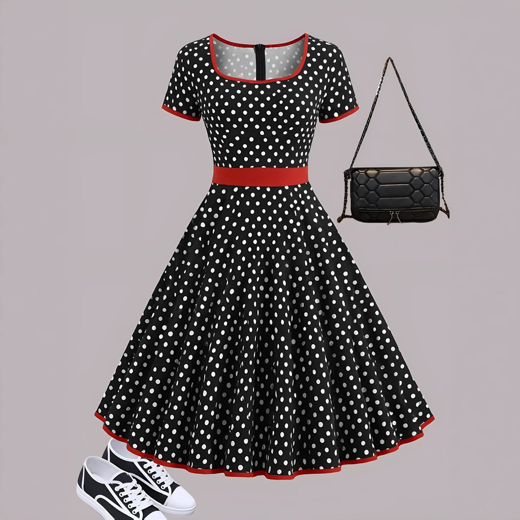 Multicolour polka dot dress with a square collar, short sleeves, pleated skirt, and a front zipper.