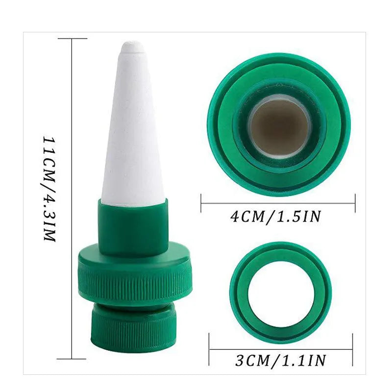 Green ceramic automatic plant watering dripper device for attaching to cola bottles