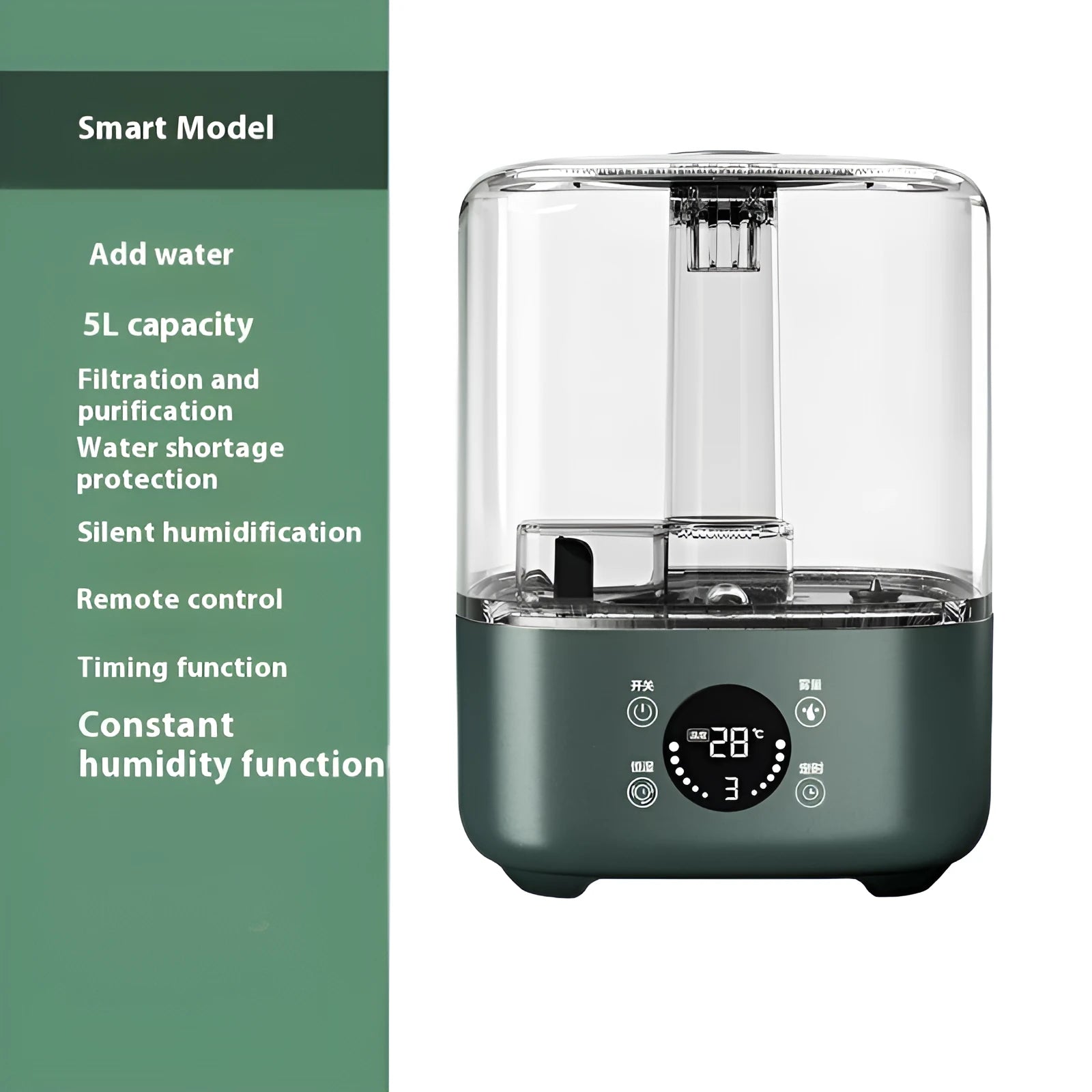 Green KC-112 large capacity intelligent humidifier with touch screen and remote control on a table.