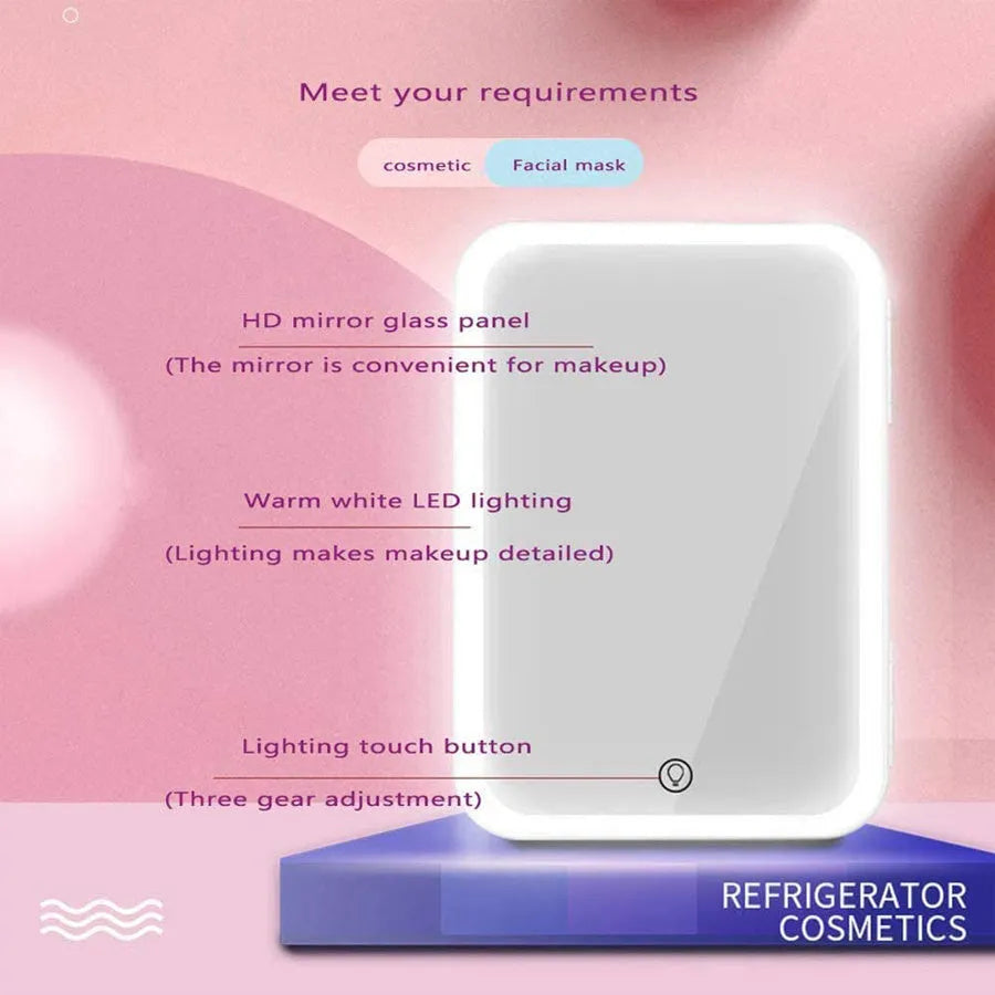 White mini cosmetic refrigerator with cooling and warming functions from 22 to 65 degrees Celsius