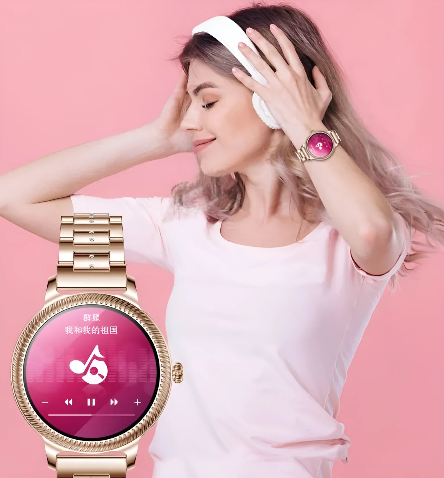 AK38 ladies smart watch with colour screen and stainless steel Milanese strap on a wrist.