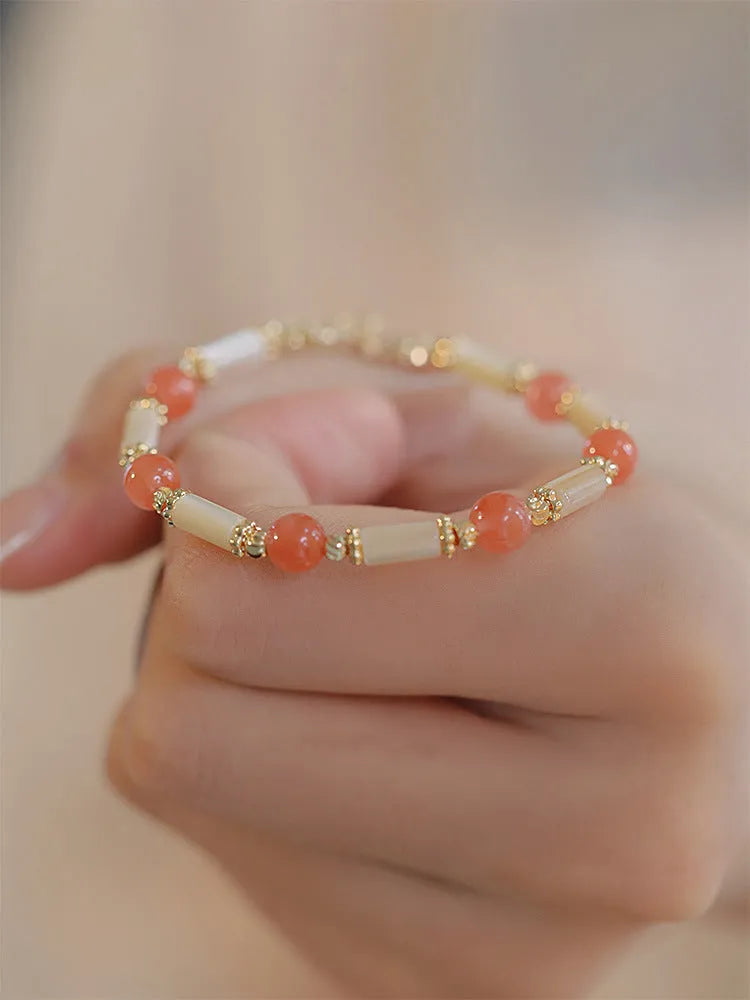 Women's bamboo bracelet with 6mm Hetian jade beads and bamboo joint decorative elements