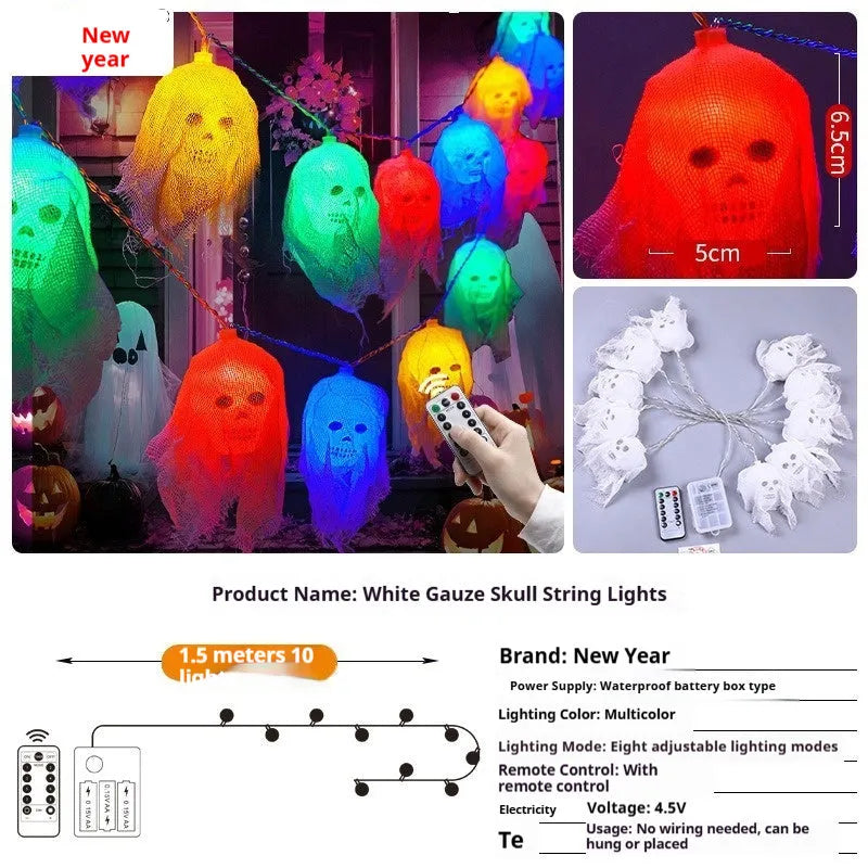 Halloween battery-operated coloured string lights with plastic shell for indoor wall decoration.