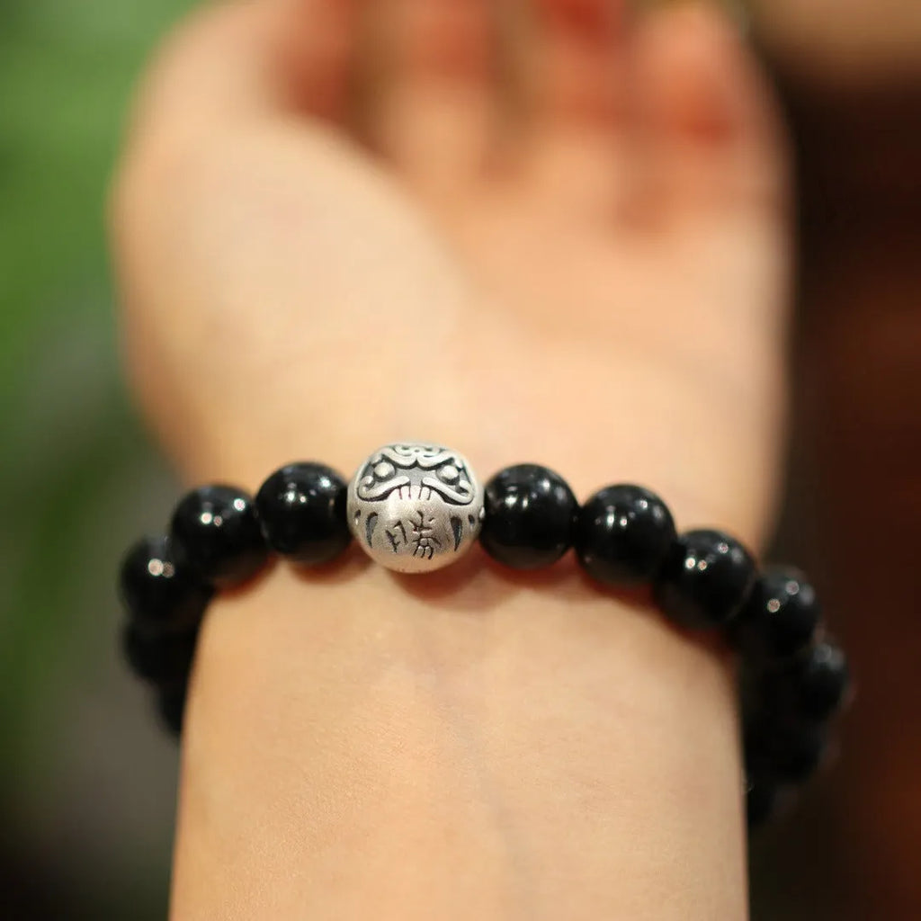 Handmade black agate and sterling silver bracelet with 10mm beads and Chinese style.