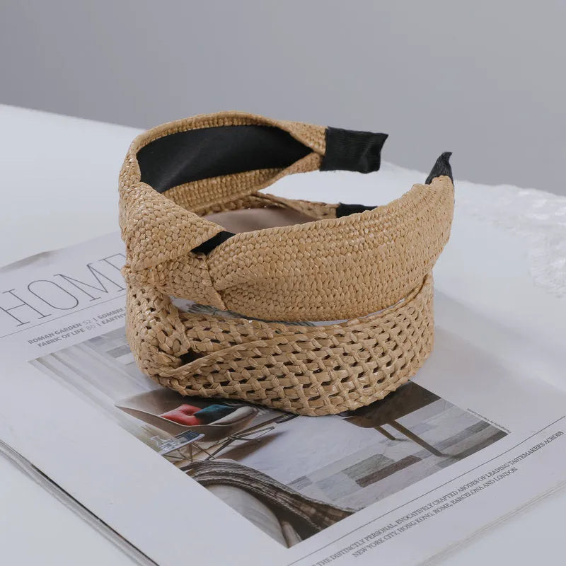 Bamboo woven wide brim hair band in bohemian straw weave style, black or khaki colour, cloth headband
