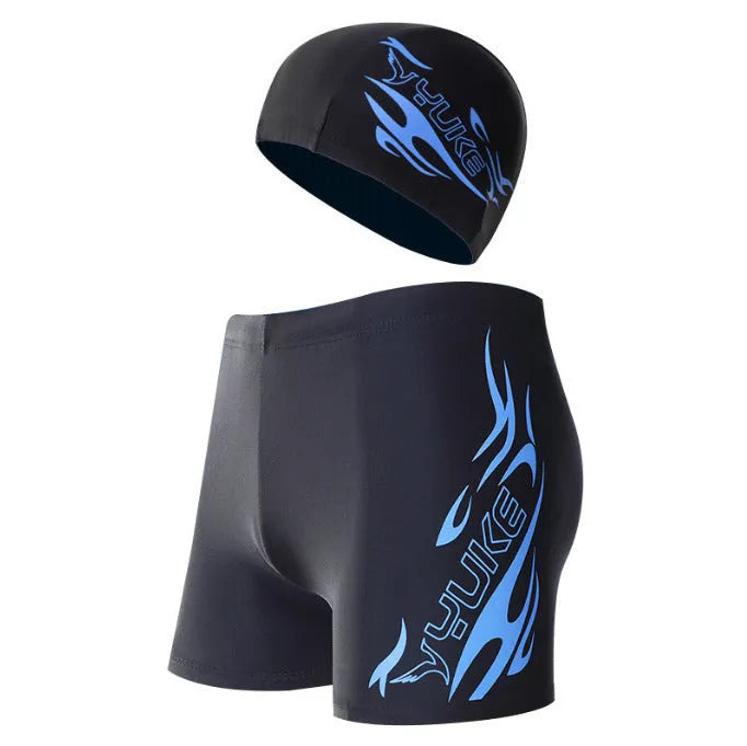 Men's plus size black swimming trunks with blue flame pattern and matching swimming cap.
