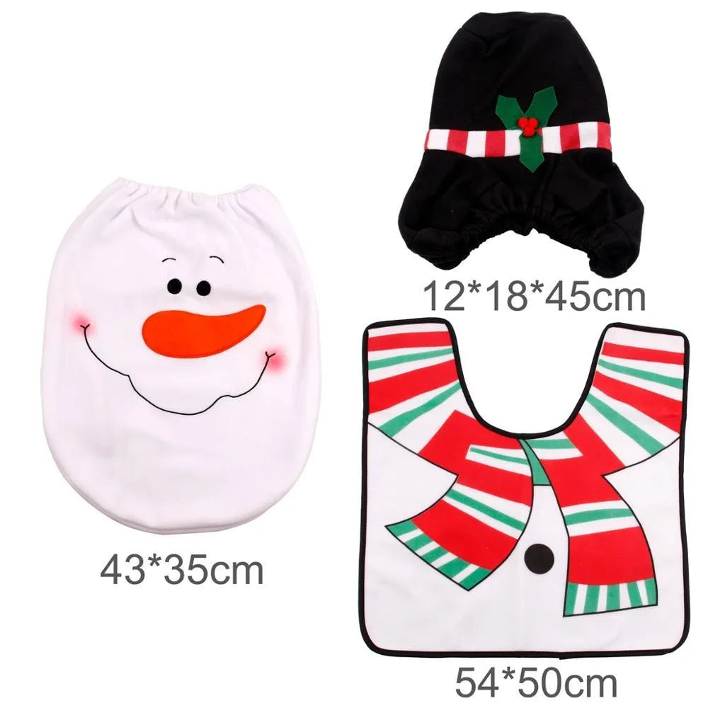 Christmas bathroom set with flannel shower curtain, toilet covers, and plastic-backed floor mat in Santa design
