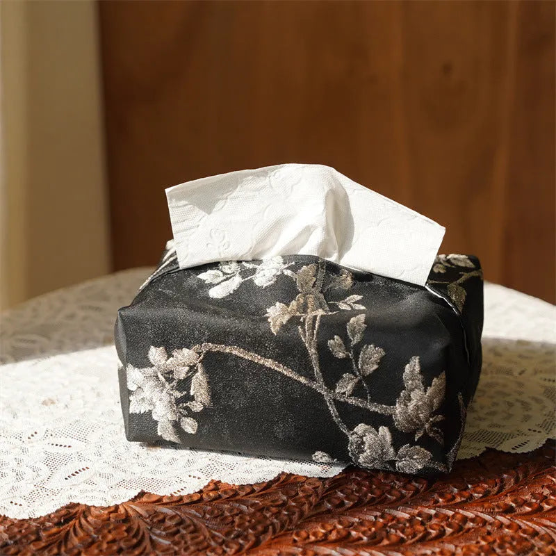 New Chinese style white embroidered plum blossom brocade fabric tissue box with pearl buckle.