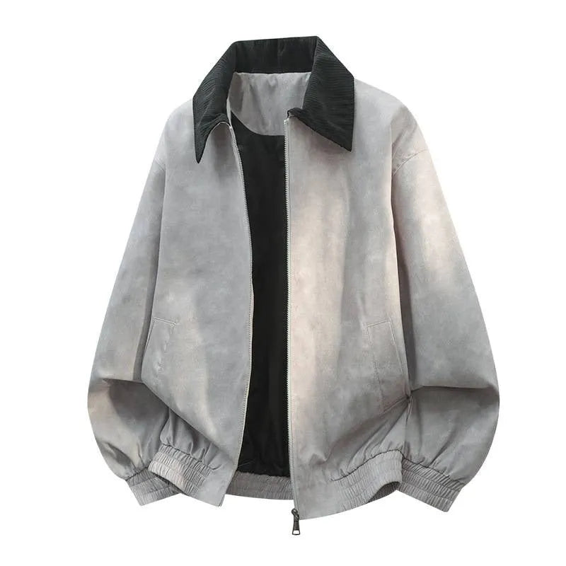 Men's black casual jacket with detailed stitching on the lapel collar and side pockets.