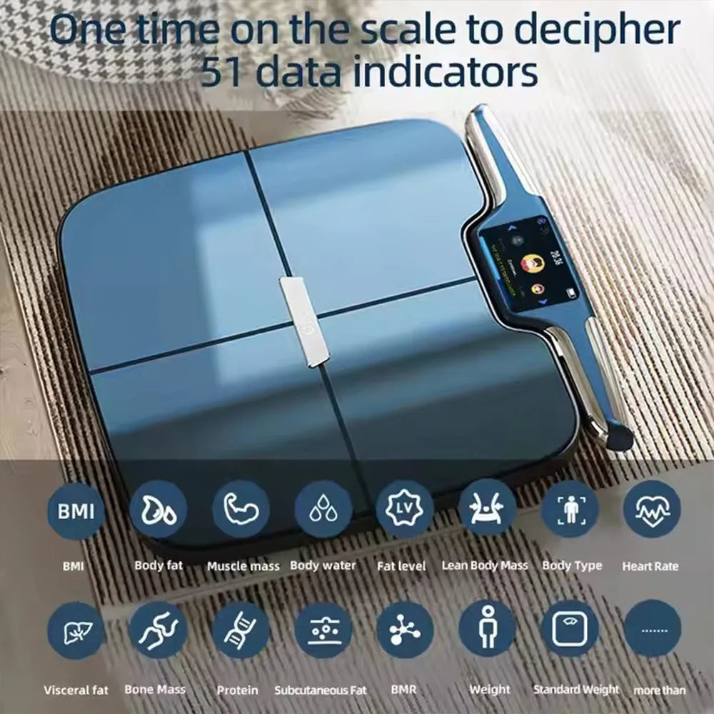 Black eight-electrode body fat intelligent weighing scale on a bathroom floor